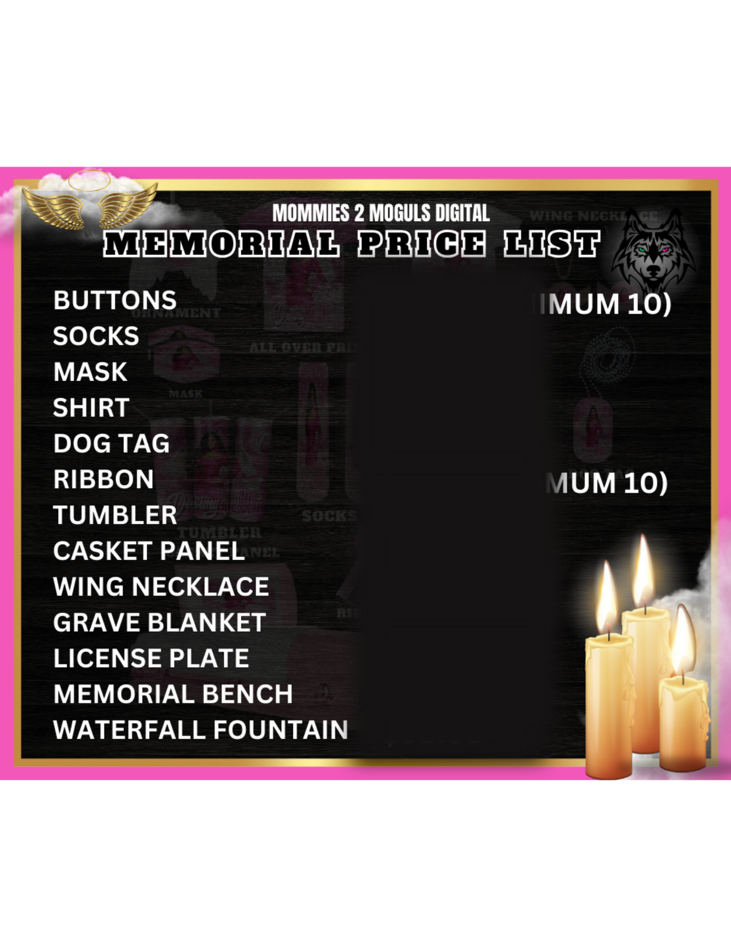 Editable Memorial Suggested Retail Price Sheet